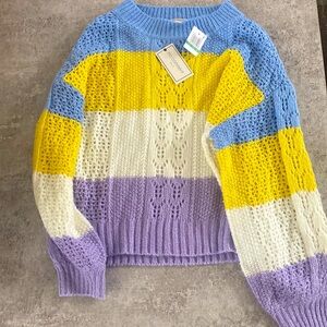 No Comment loose open knit stripped sweater. Junior size large. NWT
